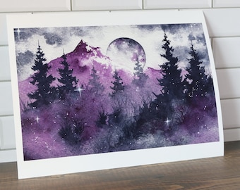 Purple Misty Forest Watercolor Art Print | Foggy Landscape (8.5x11)