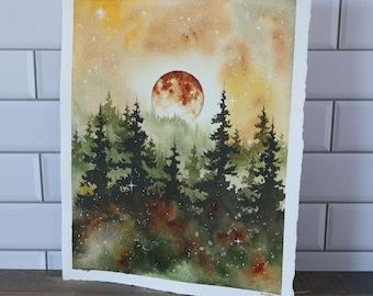 Original Watercolor Painting, 8x10" •  "Harvest No.1" • Misty Forest Painting
