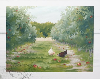 Orchard Chickens Print, Cozy Cottagecore Landscape Wall Decor, 8x10"
