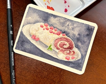 Red Velvet Cake Roll Painting ACEO 2.5x3.5 Original Watercolor Food Illustration Collectible