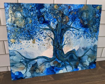 Blue and Gold Tree -  9x12&quot; Original Alcohol Ink Painting - Abstract Nature Art
