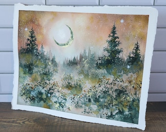 Original Watercolor Painting, 8x10" •  "Harvest Moon" • Misty Forest Painting