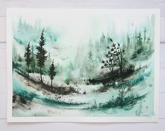 9x12" | "Mystical Landscape No.2" Original Watercolor painting, nature home decor