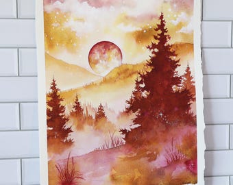 Original Watercolor Painting, 11x14" •  "Scarlet Moonrise" • Misty Forest Painting