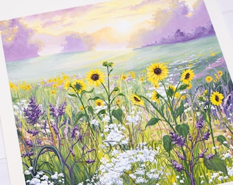 Sunflower Field No.1 | 9x12 Watercolor Gouache Painting | Cottagecore Cozy Art