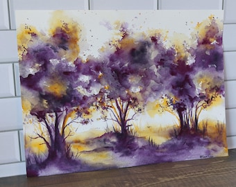Original Watercolor Painting, 9x12" •  Purple Trees • Misty Forest Painting