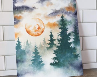 Blauwgroen en oranje maan aquarel Art Print | Mistig boslandschap