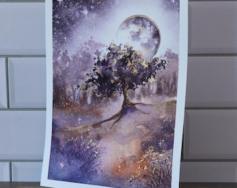 Original Watercolor Painting, 5x7" •  "Autumn Oak" • Misty Forest Painting