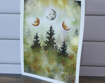Original Watercolor Painting, 4.5x6" •  "Moon Trio No.2" • Misty Forest Painting