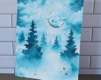 Original Watercolor Painting, 8x10" •  "Winter" • Misty Forest Painting