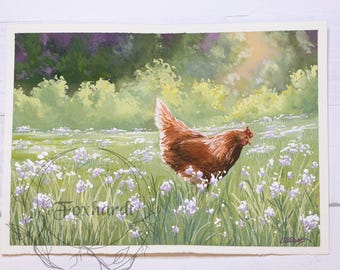 Sunset Hen | 5x7 Watercolor Gouache Painting | Cottagecore Cozy Art