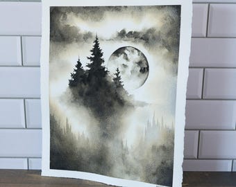 Original Watercolor Painting, 8x10" •  "The Floating Isle" • Misty Forest Painting