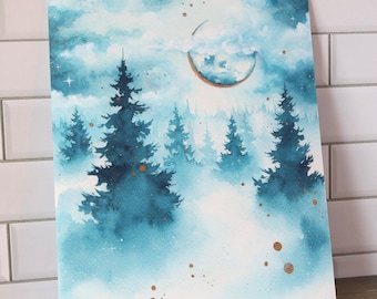 Winter Teal Misty Forest Fine Art Print | Watercolor Landscape | Foggy Forest Wall Decor