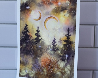 Original Watercolor Painting, 5x7" •  "Witching Hour" • Misty Forest Painting