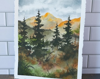 Original Watercolor Painting, 8x10" •  "Autumn Hills No.2" • Misty Forest Painting