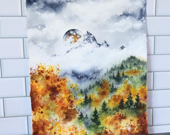 Original Watercolor Painting, Mystic Mountain Landscape Art (11x14)