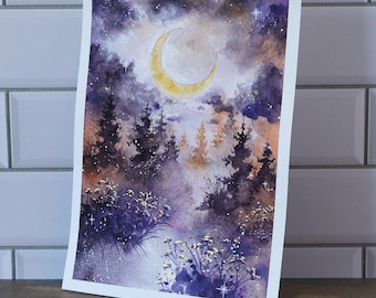 Original Watercolor Painting, 5x7" •  "Golden Flowers" • Misty Forest Painting