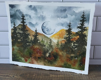 Original Watercolor Painting, 8x10" •  "Autumn Hills No. 1" • Misty Forest Painting