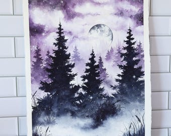 Original Watercolor Painting, 11x14" •  "Sodalite Mist" • Misty Forest Painting