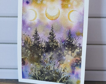 Original Watercolor Painting, 4.5x6" •  "Moon Trio No.3" • Misty Forest Painting