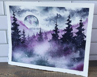 Original Watercolor Painting, 8x10" •  "Moonlight and Mist" • Misty Forest Painting