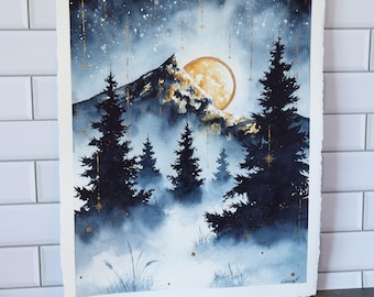 Original Watercolor Painting, 11x14" •  "Starfall" • Misty Forest and Mountain Painting