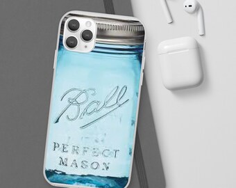 Monogrammed iPhone 7 8 X XR Xs 11 12 Pro Plus Max Mini Case Rubber Blue Mason Jar