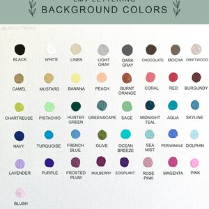 May include: A chart of 36 color swatches with names for each color. The colors are arranged in rows and columns. The colors include black, white, linen, light gray, dark gray, chocolate, mocha, driftwood, camel, mustard, banana, peach, burnt orange, coral, red, burgundy, chartreuse, pistachio, hunter green, greenscape, sage, midnight teal, aqua, skyline, navy, turquoise, french blue, olive, ocean breeze, sea mist, periwinkle, dolphin, lavender, purple, frosted plum, mulberry, eggplant, rose pink, magenta, and pink.