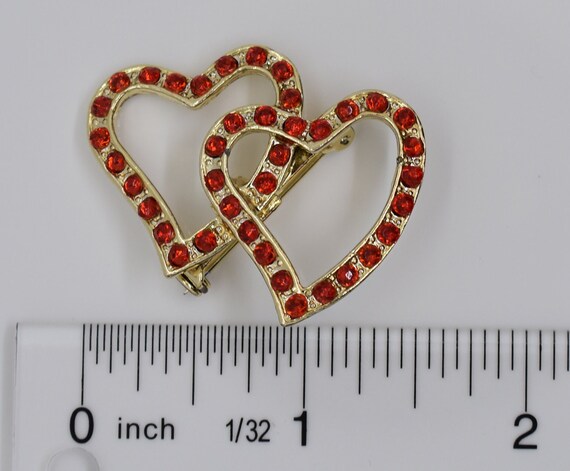 Vintage Art Deco Silver Tone and Red Rhinestones Double Heart Brooch.