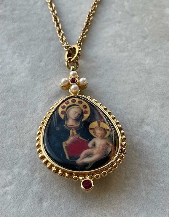 Vintage Madona & Child Pendant Necklace - image 2