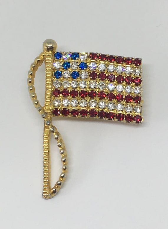 Vintage Gold Tone & Rhinestones American Flag Broo