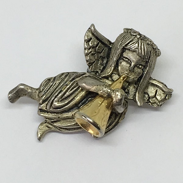 Vintage Pewter Guardian Angel with Gold Trumpet Brooch Signed DM