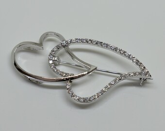 Vintage Signed CL Sterling Silver CZ Double Heart Brooch Pendant