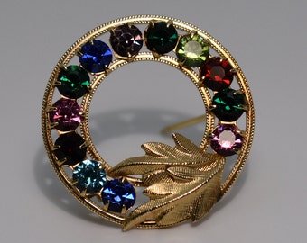 Vintage 1/20 14k Gold Filled Multicolor Rhinestones Circle Pin Brooch