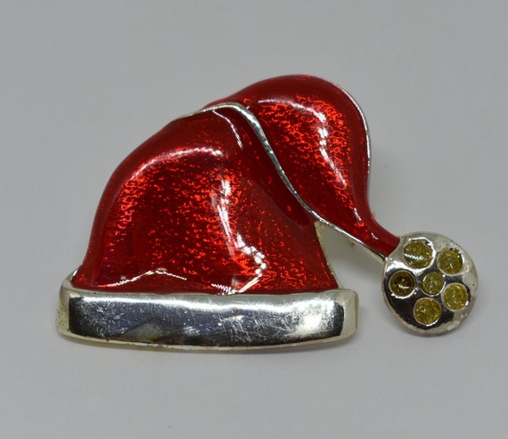 Vintage Red Enamel Christmas Santa Hat Brooch Pin - image 1