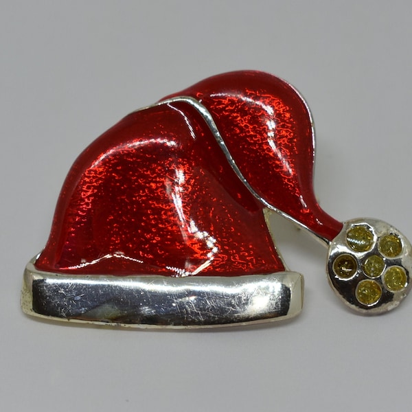 Vintage Red Enamel Christmas Santa Hat Brooch Pin