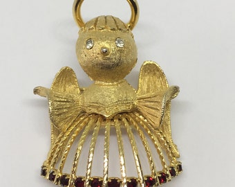 Vintage Gold Tone & Rhinestones Angel Pin Brooch, Vintage Angel Pin