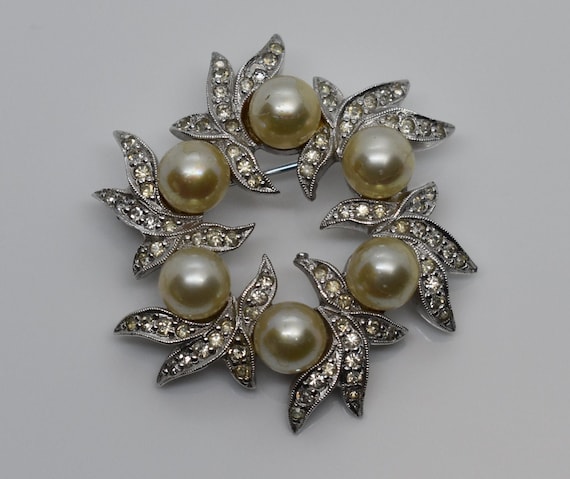 Vintage Polcini Clear Rhinestone and Faux Pearl B… - image 1