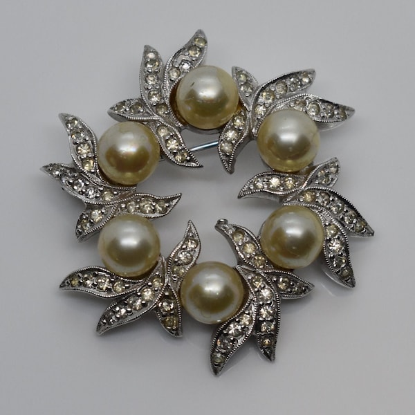 Vintage Polcini Clear Rhinestone and Faux Pearl Brooch Pin