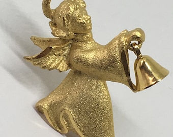 Vintage Gold Tone Angel Pin Brooch Dangling Bell Signed RR