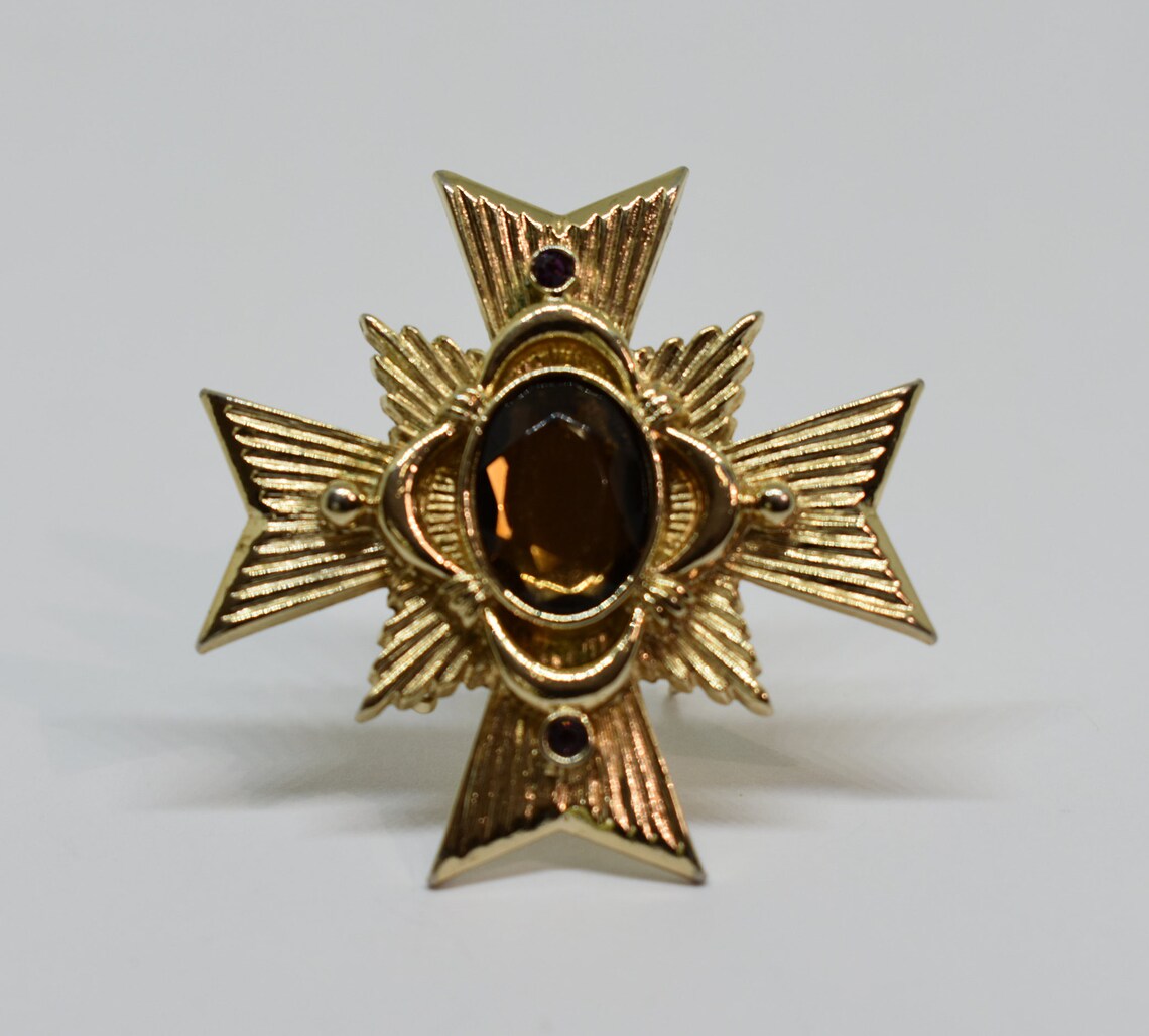 Maltese Cross Brooch Pendant Gold Tone and Rhinestones Signed | Etsy