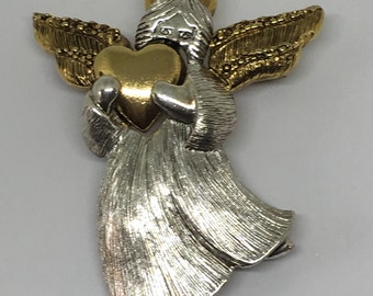 Vintage LC Liz Clauborne Signed Angel Brooch Pin Pendant, Vintage Angel Brooch