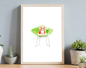 Orange Cat, Mid Century Modern, Vintage Green Bertoia Chair, Watercolor, Pencil, Original Art Print, Home Decor, Pet lover, Cat Lover