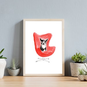 Black and White Dog, Mid Century Mod, Vintage Mod Chair, Red, Watercolor, Pencil, Original Art Print, Home Decor, Pet gift, Dog Lover