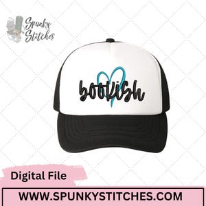 May include: A black and white trucker hat with the word "bookish" in black script, with a teal heart-shaped design. The hat has a white front panel and a black brim and mesh back. The image also includes the text "Digital File" and a website address.