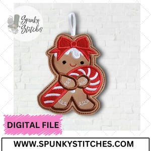 Gingerbread With Bow Candy Cane Ornament ITH Embroidery File by Spunky Stitches