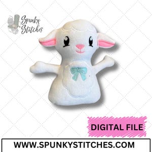 May include: White plush lamb with pink ears and a blue bow. The lamb has embroidered eyes and a smiling mouth. The image includes the text "Spunky Stitches" and "DIGITAL FILE".