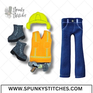 May include: Felt construction worker outfit including a yellow hard hat, orange safety vest, blue jeans, gray work boots, and a tool belt. The website address www.spunkystitches.com is displayed at the bottom of the image.