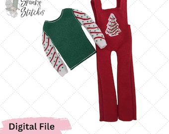 Puede incluir: Un conjunto de ropa de muñeca de fieltro, que incluye un suéter verde con mangas a rayas blancas y rojas y un mono rojo con un diseño de árbol de Navidad. También se ven las palabras "Digital File" y "WWW.SPUNKYSTITCHES.COM".