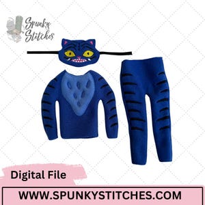 May include: A blue cat costume set, including a headpiece, top, and pants. The costume features black stripes and a light blue chest design. The headpiece has yellow eyes and a toothy grin. The words "Digital File" and "WWW.SPUNKYSTITCHES.COM" are also visible.